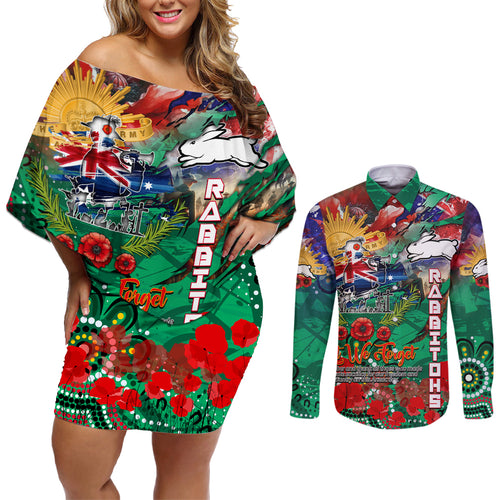 Personalised Australia Rugby Rabbitohs ANZAC Couples Matching Off Shoulder Short Dress and Long Sleeve Button Shirt South Sydney Scratch Style
