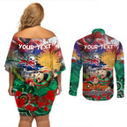Personalised Australia Rugby Rabbitohs ANZAC Couples Matching Off Shoulder Short Dress and Long Sleeve Button Shirt South Sydney Scratch Style
