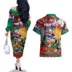 Personalised Australia Rugby Rabbitohs ANZAC Couples Matching Off The Shoulder Long Sleeve Dress and Hawaiian Shirt South Sydney Scratch Style