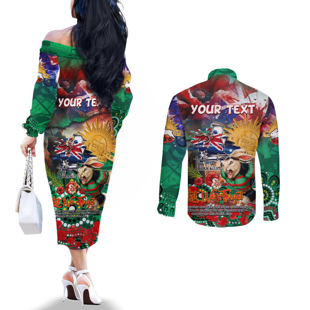 Personalised Australia Rugby Rabbitohs ANZAC Couples Matching Off The Shoulder Long Sleeve Dress and Long Sleeve Button Shirt South Sydney Scratch Style