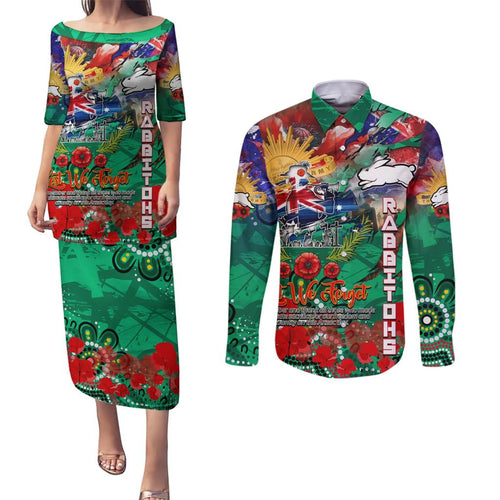 Personalised Australia Rugby Rabbitohs ANZAC Couples Matching Puletasi and Long Sleeve Button Shirt South Sydney Scratch Style