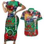 Personalised Australia Rugby Rabbitohs ANZAC Couples Matching Short Sleeve Bodycon Dress and Hawaiian Shirt South Sydney Scratch Style