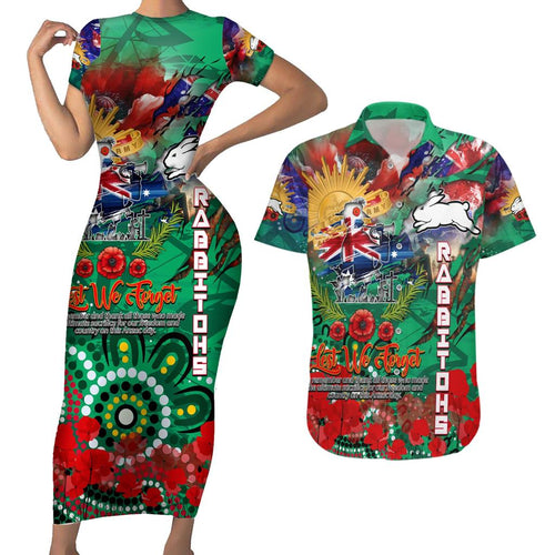 Personalised Australia Rugby Rabbitohs ANZAC Couples Matching Short Sleeve Bodycon Dress and Hawaiian Shirt South Sydney Scratch Style