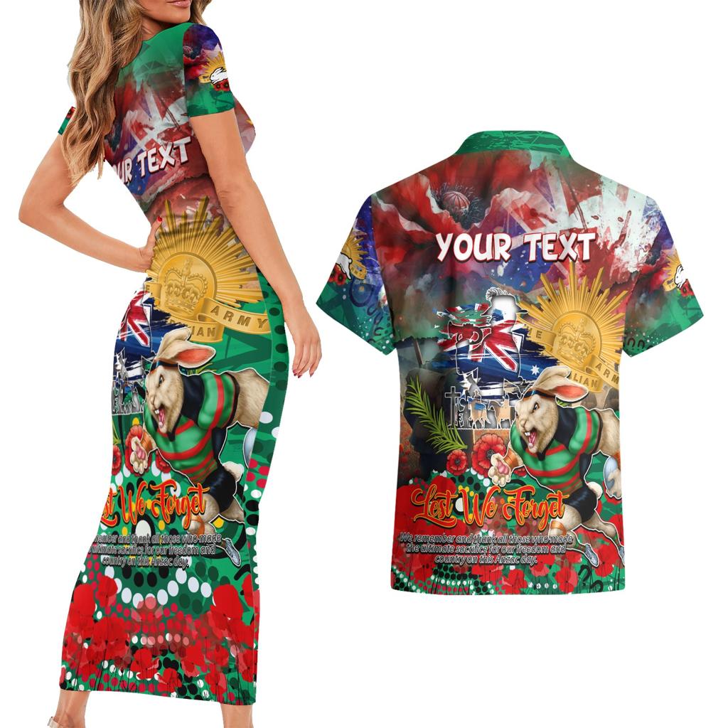 Personalised Australia Rugby Rabbitohs ANZAC Couples Matching Short Sleeve Bodycon Dress and Hawaiian Shirt South Sydney Scratch Style