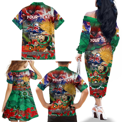 Personalised Australia Rugby Rabbitohs ANZAC Family Matching Off The Shoulder Long Sleeve Dress and Hawaiian Shirt South Sydney Scratch Style