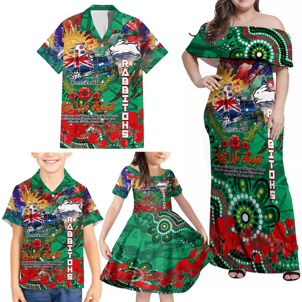 Personalised Australia Rugby Rabbitohs ANZAC Family Matching Off Shoulder Maxi Dress and Hawaiian Shirt South Sydney Scratch Style