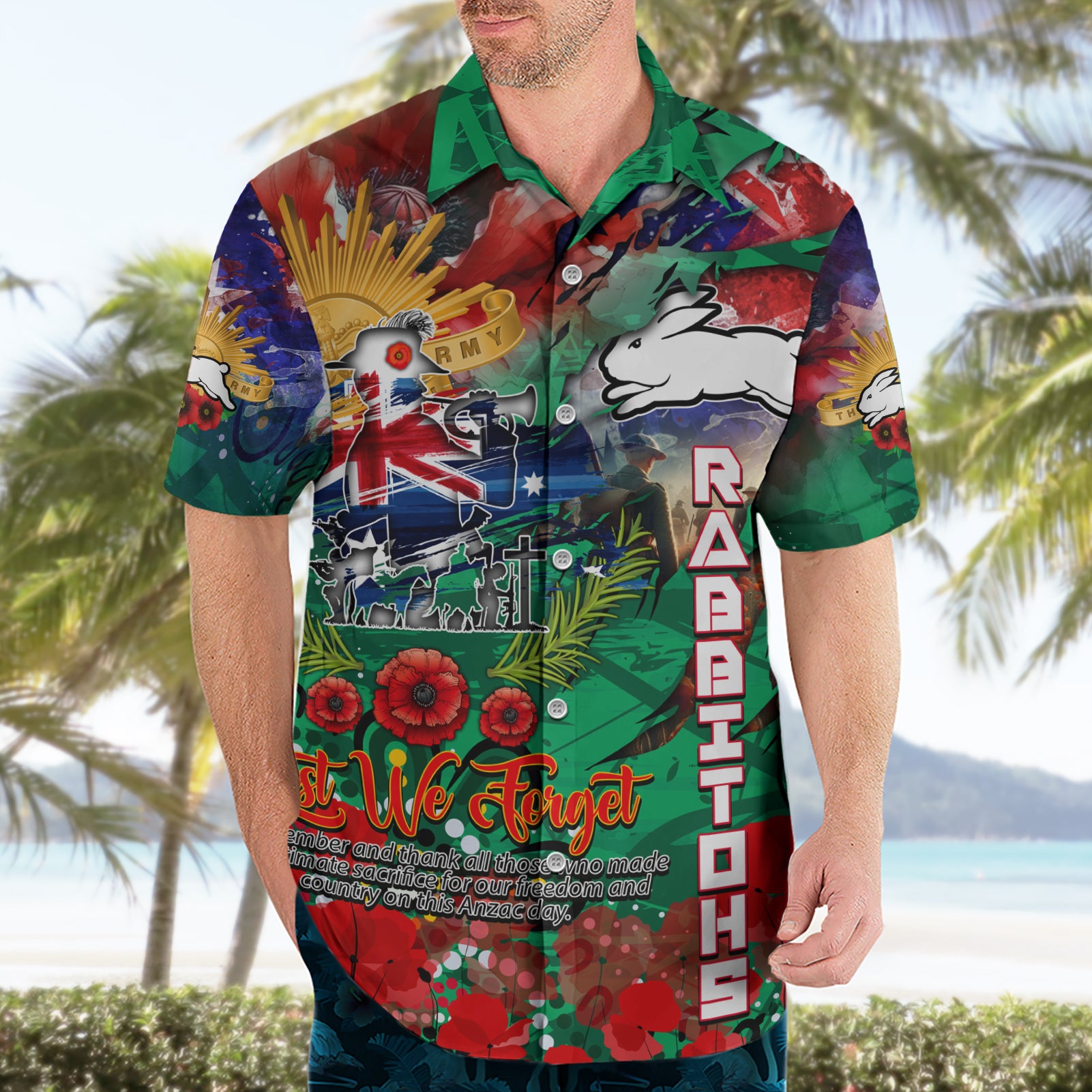 Personalised Australia Rugby Rabbitohs ANZAC Hawaiian Shirt South Sydney Scratch Style