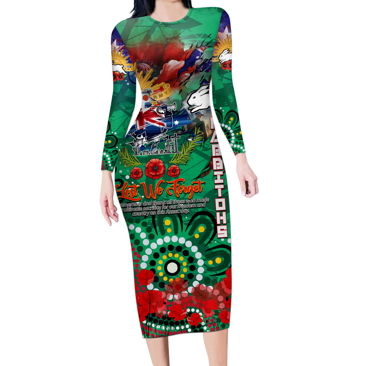 Personalised Australia Rugby Rabbitohs ANZAC Long Sleeve Bodycon Dress South Sydney Scratch Style