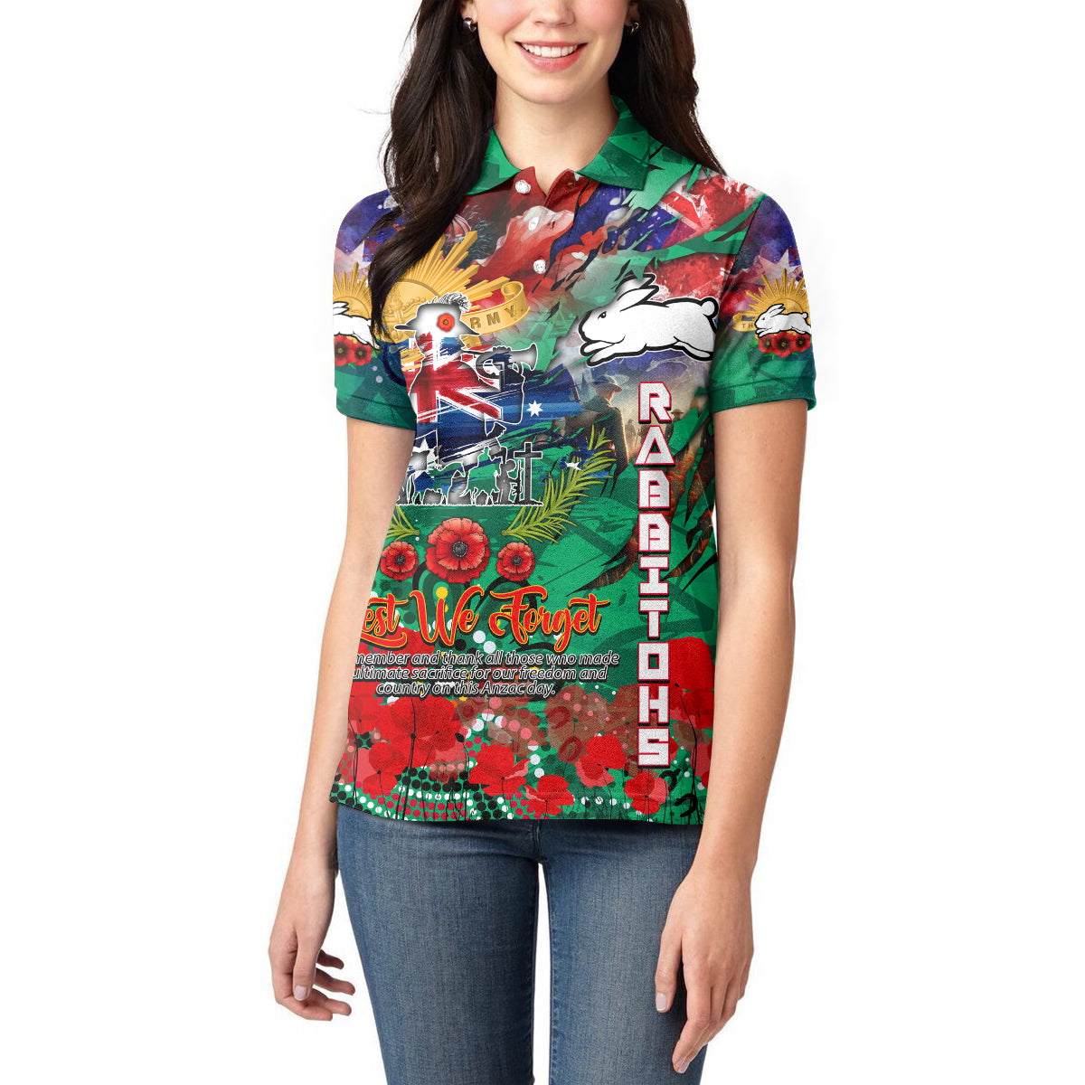 Personalised Australia Rugby Rabbitohs ANZAC Women Polo Shirt South Sydney Scratch Style