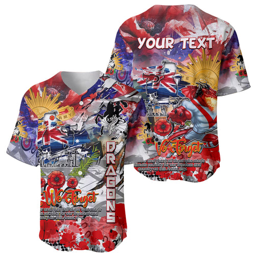 Personalised Australia Rugby Dragons ANZAC Baseball Jersey St George Illawarra Scratch Style