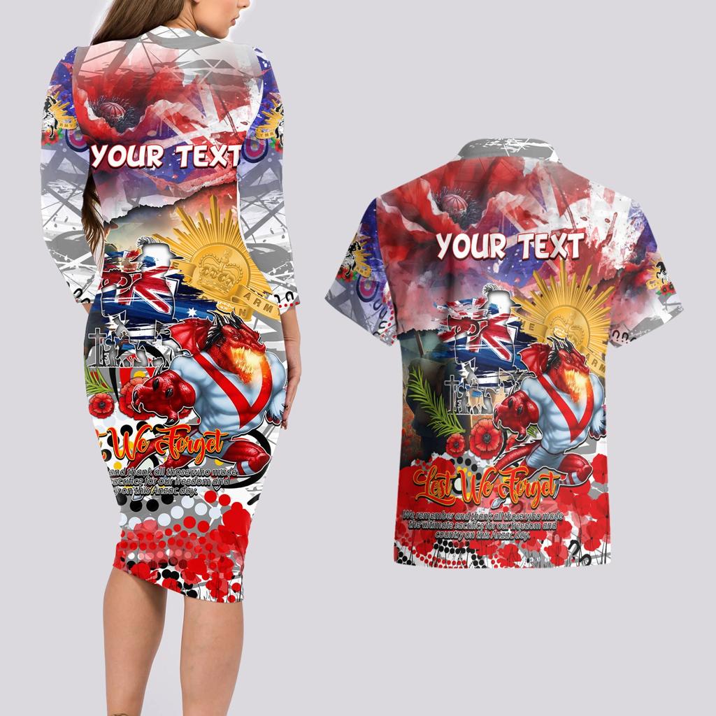 Personalised Australia Rugby Dragons ANZAC Couples Matching Long Sleeve Bodycon Dress and Hawaiian Shirt St George Illawarra Scratch Style