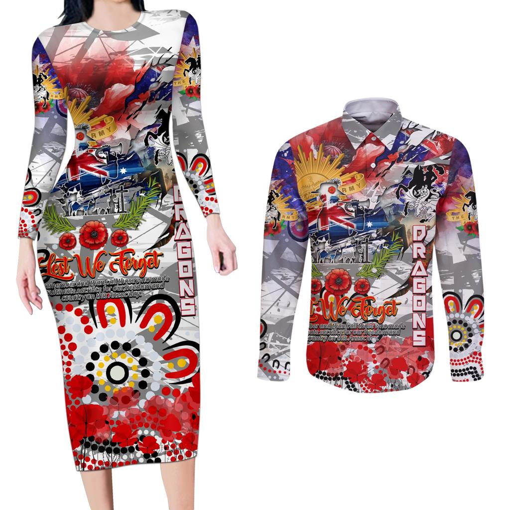 Personalised Australia Rugby Dragons ANZAC Couples Matching Long Sleeve Bodycon Dress and Long Sleeve Button Shirt St George Illawarra Scratch Style