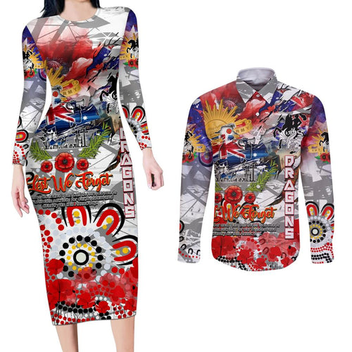 Personalised Australia Rugby Dragons ANZAC Couples Matching Long Sleeve Bodycon Dress and Long Sleeve Button Shirt St George Illawarra Scratch Style