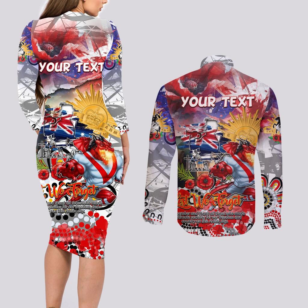 Personalised Australia Rugby Dragons ANZAC Couples Matching Long Sleeve Bodycon Dress and Long Sleeve Button Shirt St George Illawarra Scratch Style