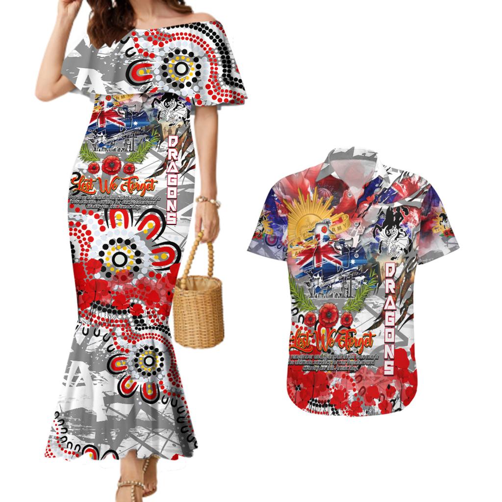 Personalised Australia Rugby Dragons ANZAC Couples Matching Mermaid Dress and Hawaiian Shirt St George Illawarra Scratch Style