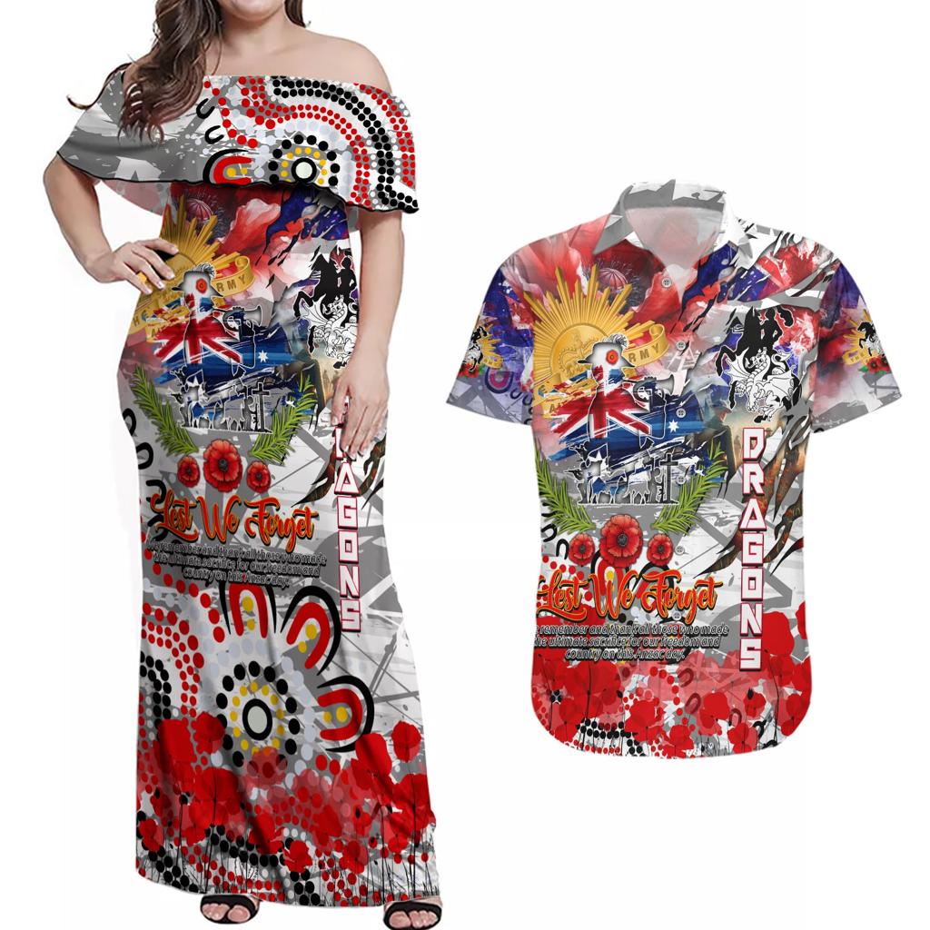 Personalised Australia Rugby Dragons ANZAC Couples Matching Off Shoulder Maxi Dress and Hawaiian Shirt St George Illawarra Scratch Style