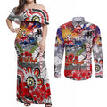 Personalised Australia Rugby Dragons ANZAC Couples Matching Off Shoulder Maxi Dress and Long Sleeve Button Shirt St George Illawarra Scratch Style
