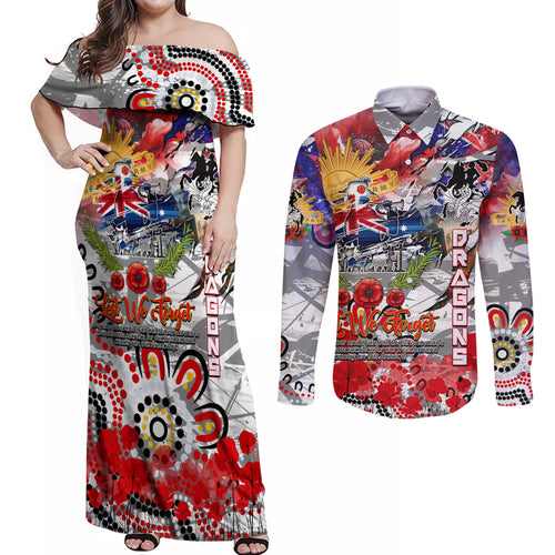 Personalised Australia Rugby Dragons ANZAC Couples Matching Off Shoulder Maxi Dress and Long Sleeve Button Shirt St George Illawarra Scratch Style