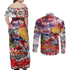 Personalised Australia Rugby Dragons ANZAC Couples Matching Off Shoulder Maxi Dress and Long Sleeve Button Shirt St George Illawarra Scratch Style