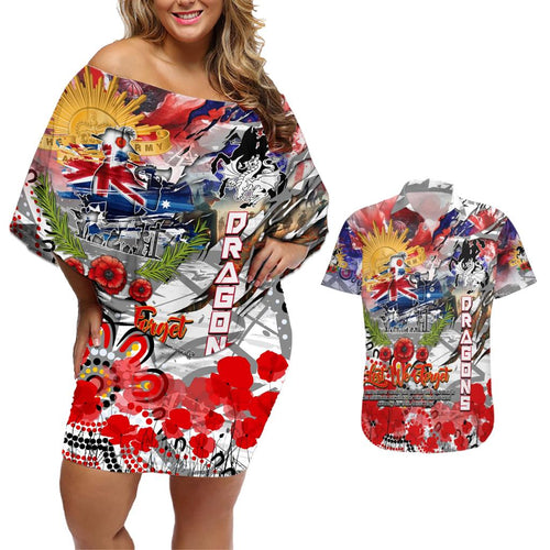 Personalised Australia Rugby Dragons ANZAC Couples Matching Off Shoulder Short Dress and Hawaiian Shirt St George Illawarra Scratch Style
