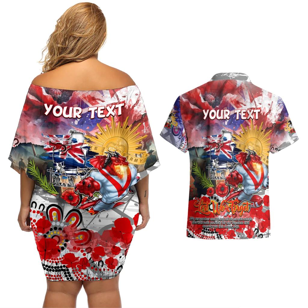 Personalised Australia Rugby Dragons ANZAC Couples Matching Off Shoulder Short Dress and Hawaiian Shirt St George Illawarra Scratch Style