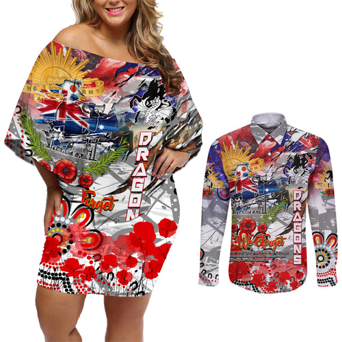 Personalised Australia Rugby Dragons ANZAC Couples Matching Off Shoulder Short Dress and Long Sleeve Button Shirt St George Illawarra Scratch Style