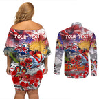 Personalised Australia Rugby Dragons ANZAC Couples Matching Off Shoulder Short Dress and Long Sleeve Button Shirt St George Illawarra Scratch Style