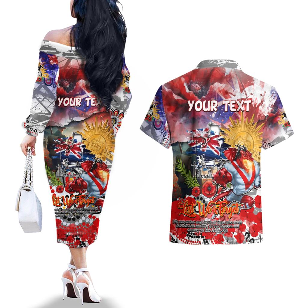 Personalised Australia Rugby Dragons ANZAC Couples Matching Off The Shoulder Long Sleeve Dress and Hawaiian Shirt St George Illawarra Scratch Style