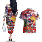 Personalised Australia Rugby Dragons ANZAC Couples Matching Off The Shoulder Long Sleeve Dress and Hawaiian Shirt St George Illawarra Scratch Style