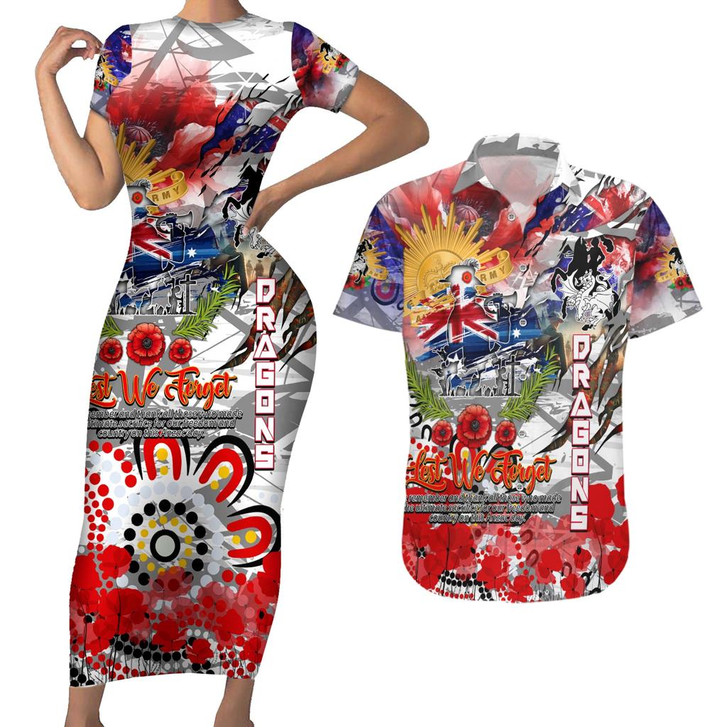 Personalised Australia Rugby Dragons ANZAC Couples Matching Short Sleeve Bodycon Dress and Hawaiian Shirt St George Illawarra Scratch Style