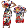 Personalised Australia Rugby Dragons ANZAC Couples Matching Short Sleeve Bodycon Dress and Hawaiian Shirt St George Illawarra Scratch Style