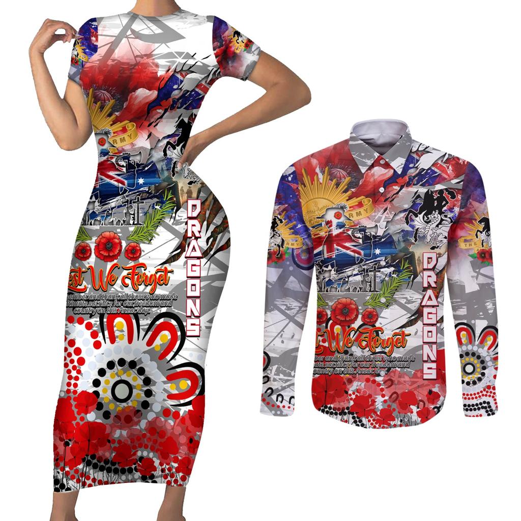 Personalised Australia Rugby Dragons ANZAC Couples Matching Short Sleeve Bodycon Dress and Long Sleeve Button Shirt St George Illawarra Scratch Style