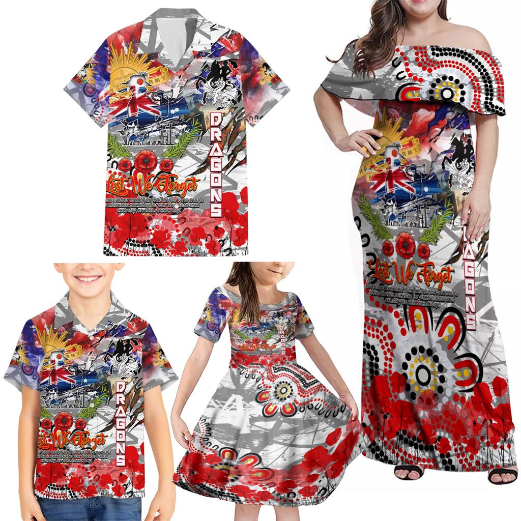 Personalised Australia Rugby Dragons ANZAC Family Matching Off Shoulder Maxi Dress and Hawaiian Shirt St George Illawarra Scratch Style