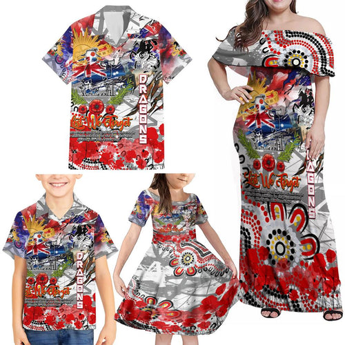 Personalised Australia Rugby Dragons ANZAC Family Matching Off Shoulder Maxi Dress and Hawaiian Shirt St George Illawarra Scratch Style