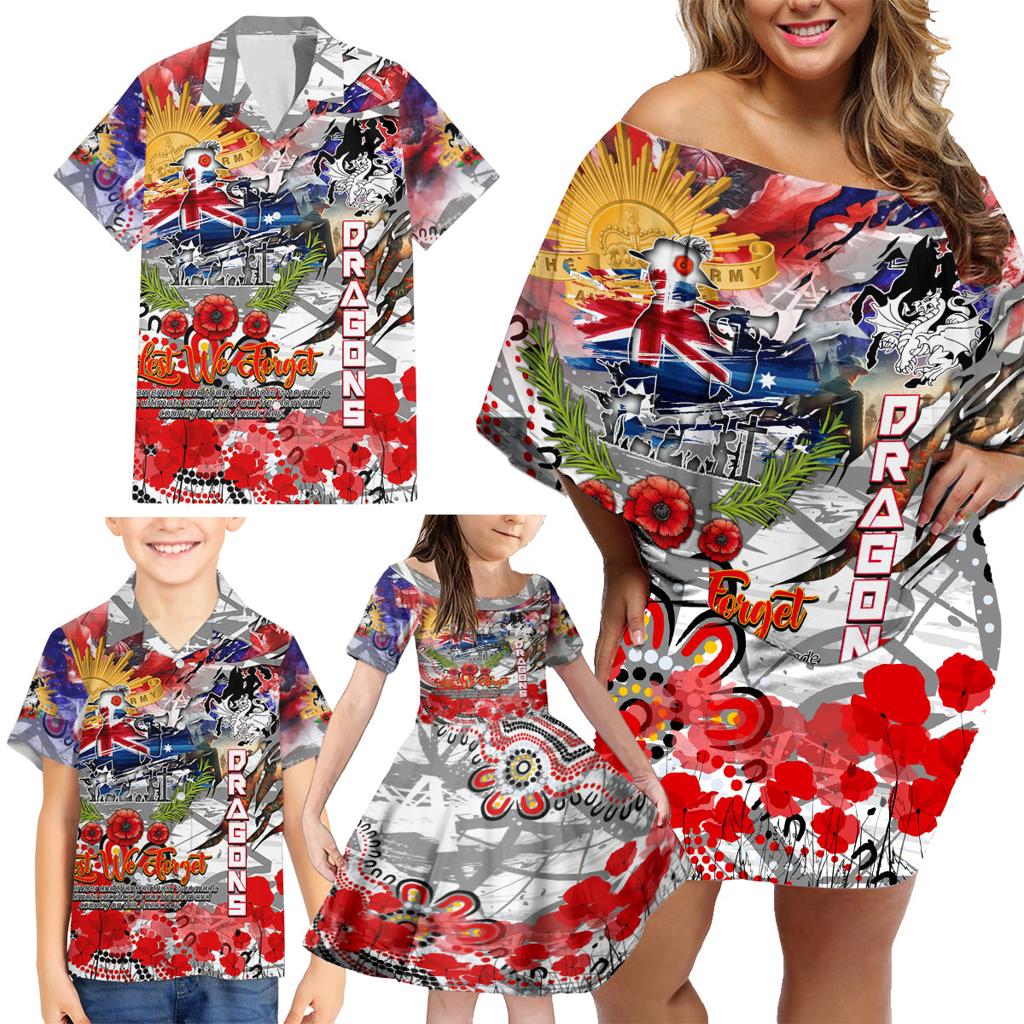 Personalised Australia Rugby Dragons ANZAC Family Matching Off Shoulder Short Dress and Hawaiian Shirt St George Illawarra Scratch Style