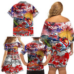 Personalised Australia Rugby Dragons ANZAC Family Matching Off Shoulder Short Dress and Hawaiian Shirt St George Illawarra Scratch Style