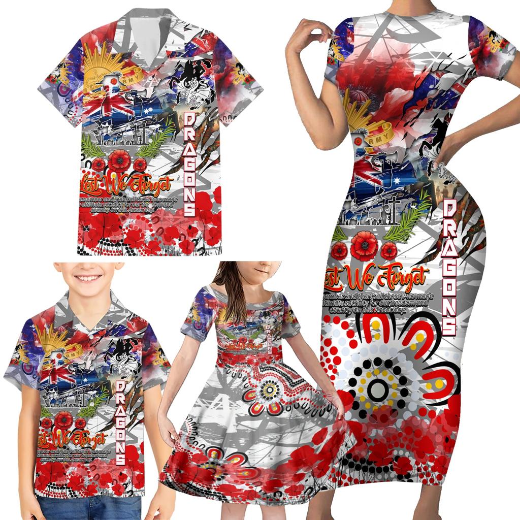Personalised Australia Rugby Dragons ANZAC Family Matching Short Sleeve Bodycon Dress and Hawaiian Shirt St George Illawarra Scratch Style