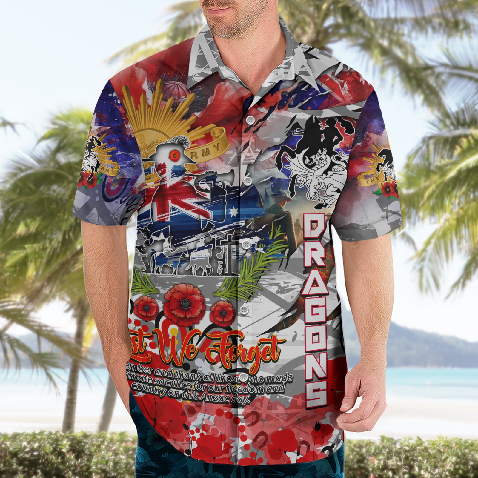 Personalised Australia Rugby Dragons ANZAC Hawaiian Shirt St George Illawarra Scratch Style