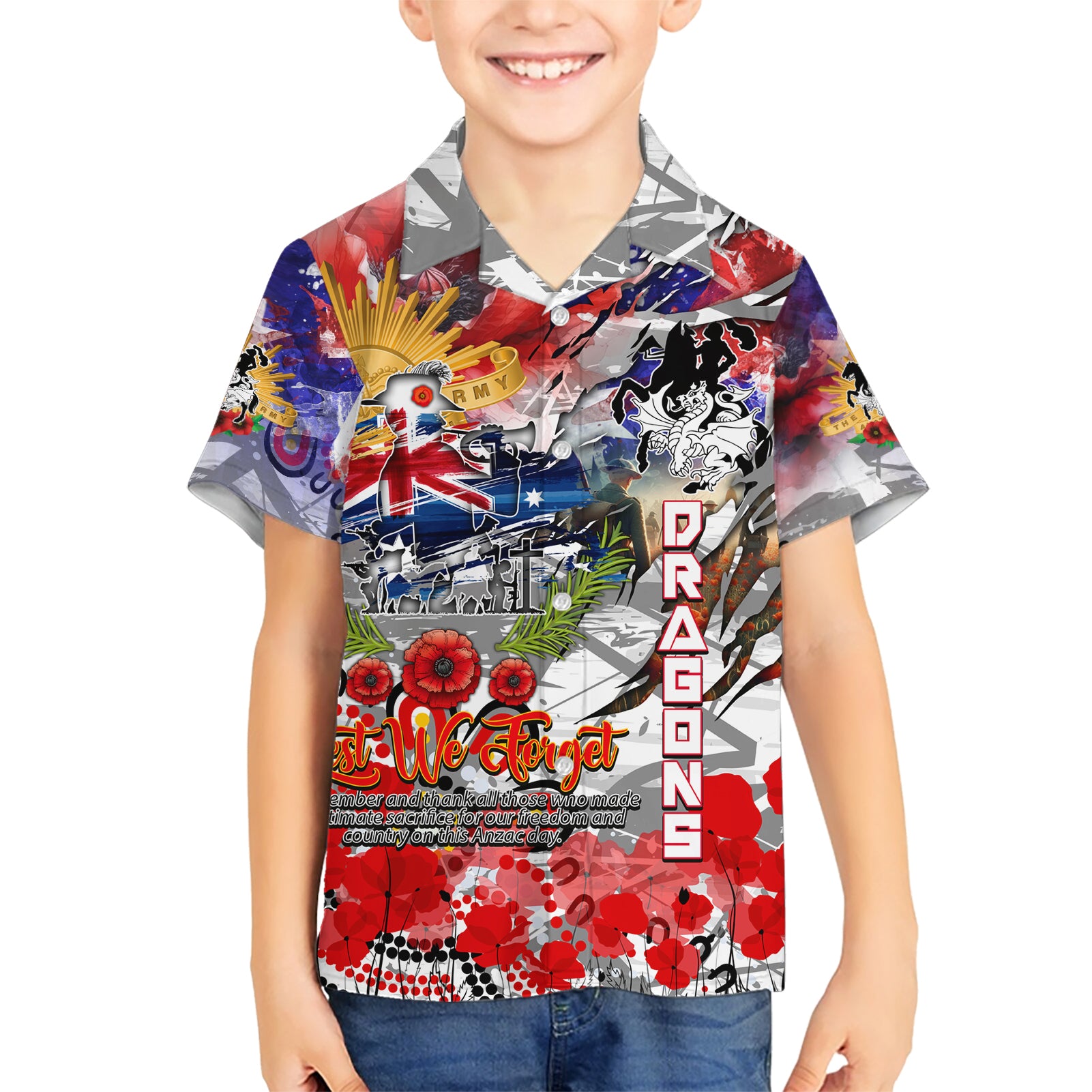 Personalised Australia Rugby Dragons ANZAC Kid Hawaiian Shirt St George Illawarra Scratch Style