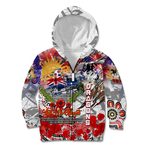 Personalised Australia Rugby Dragons ANZAC Kid Hoodie St George Illawarra Scratch Style