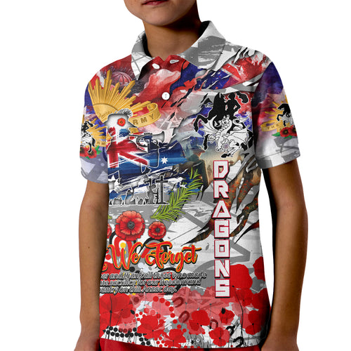 Personalised Australia Rugby Dragons ANZAC Kid Polo Shirt St George Illawarra Scratch Style