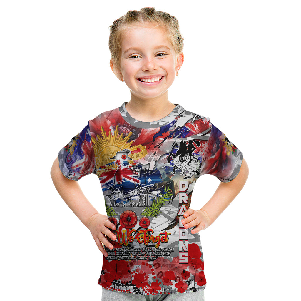 Personalised Australia Rugby Dragons ANZAC Kid T Shirt St George Illawarra Scratch Style