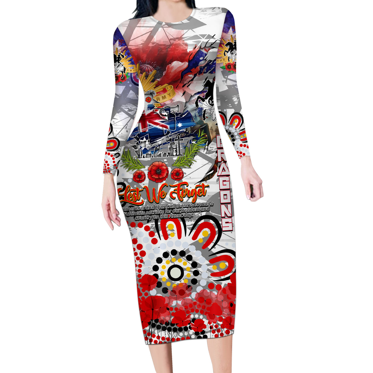 Personalised Australia Rugby Dragons ANZAC Long Sleeve Bodycon Dress St George Illawarra Scratch Style