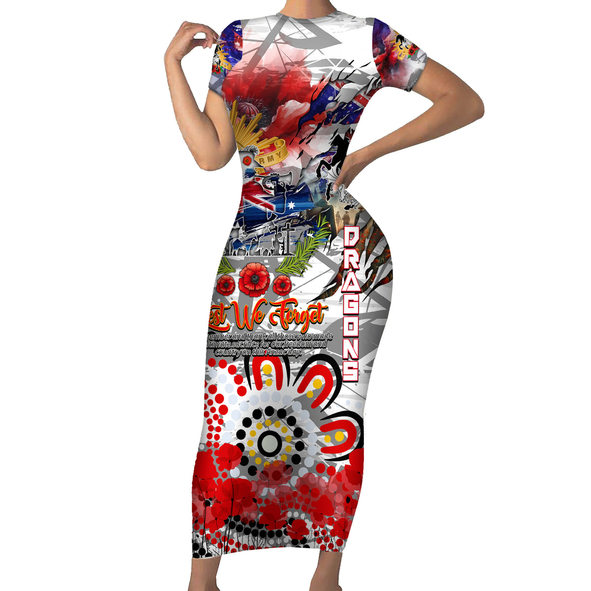 Personalised Australia Rugby Dragons ANZAC Short Sleeve Bodycon Dress St George Illawarra Scratch Style