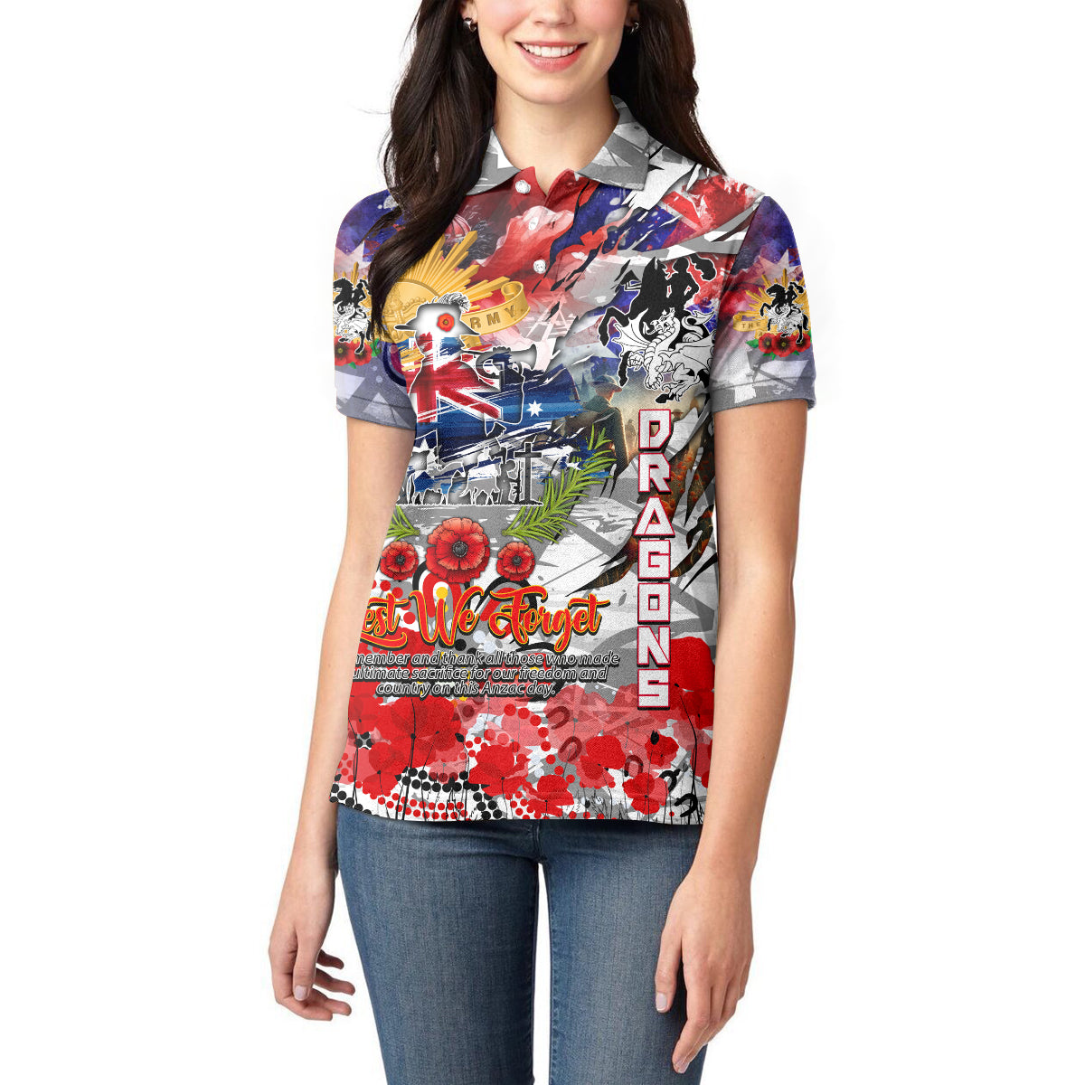 Personalised Australia Rugby Dragons ANZAC Women Polo Shirt St George Illawarra Scratch Style