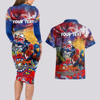 Personalised Australia Rugby Roosters ANZAC Couples Matching Long Sleeve Bodycon Dress and Hawaiian Shirt Sydney Scratch Style