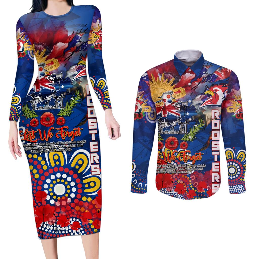 Personalised Australia Rugby Roosters ANZAC Couples Matching Long Sleeve Bodycon Dress and Long Sleeve Button Shirt Sydney Scratch Style