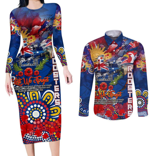 Personalised Australia Rugby Roosters ANZAC Couples Matching Long Sleeve Bodycon Dress and Long Sleeve Button Shirt Sydney Scratch Style
