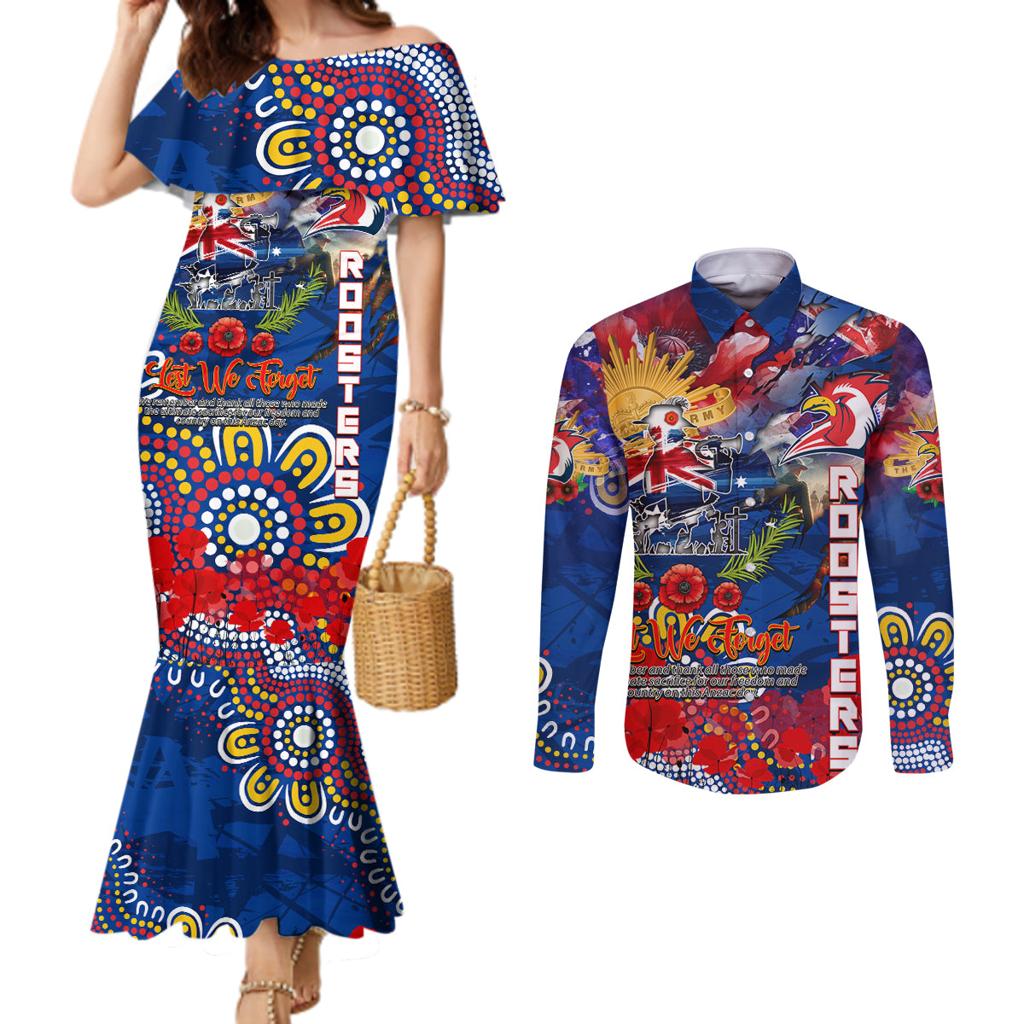 Personalised Australia Rugby Roosters ANZAC Couples Matching Mermaid Dress and Long Sleeve Button Shirt Sydney Scratch Style