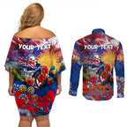 Personalised Australia Rugby Roosters ANZAC Couples Matching Off Shoulder Short Dress and Long Sleeve Button Shirt Sydney Scratch Style